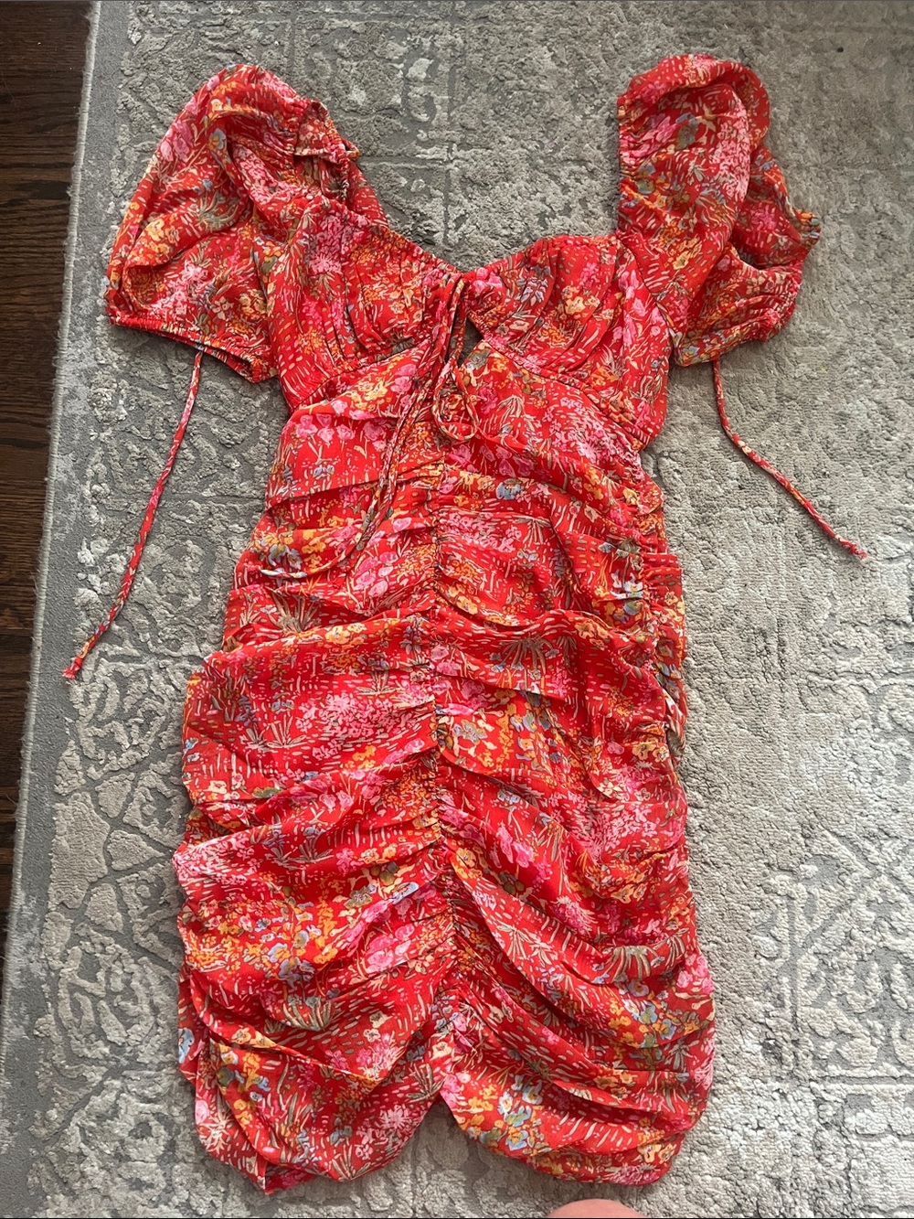 Red Floral Ruched Puff-Sleeve Mini Dress